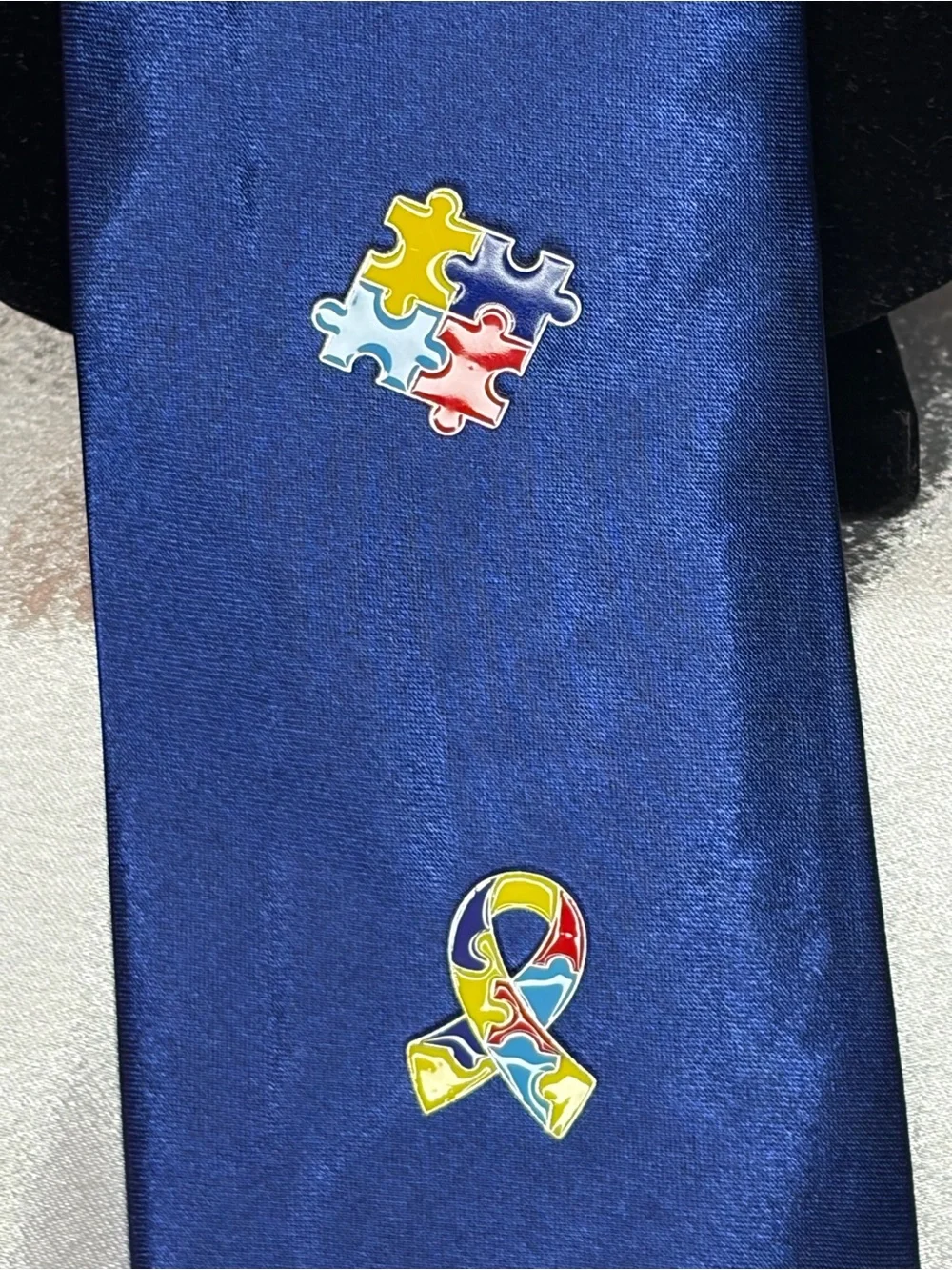Womens Navy Autism Awareness Tie - Puzzle Ribbon Design